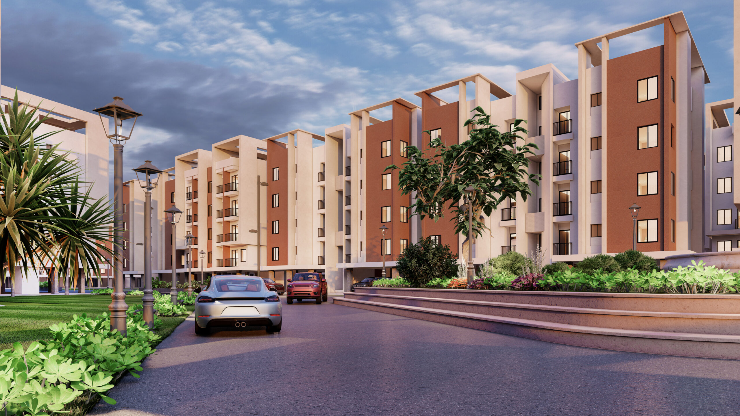 Modern apartment complex with landscaping