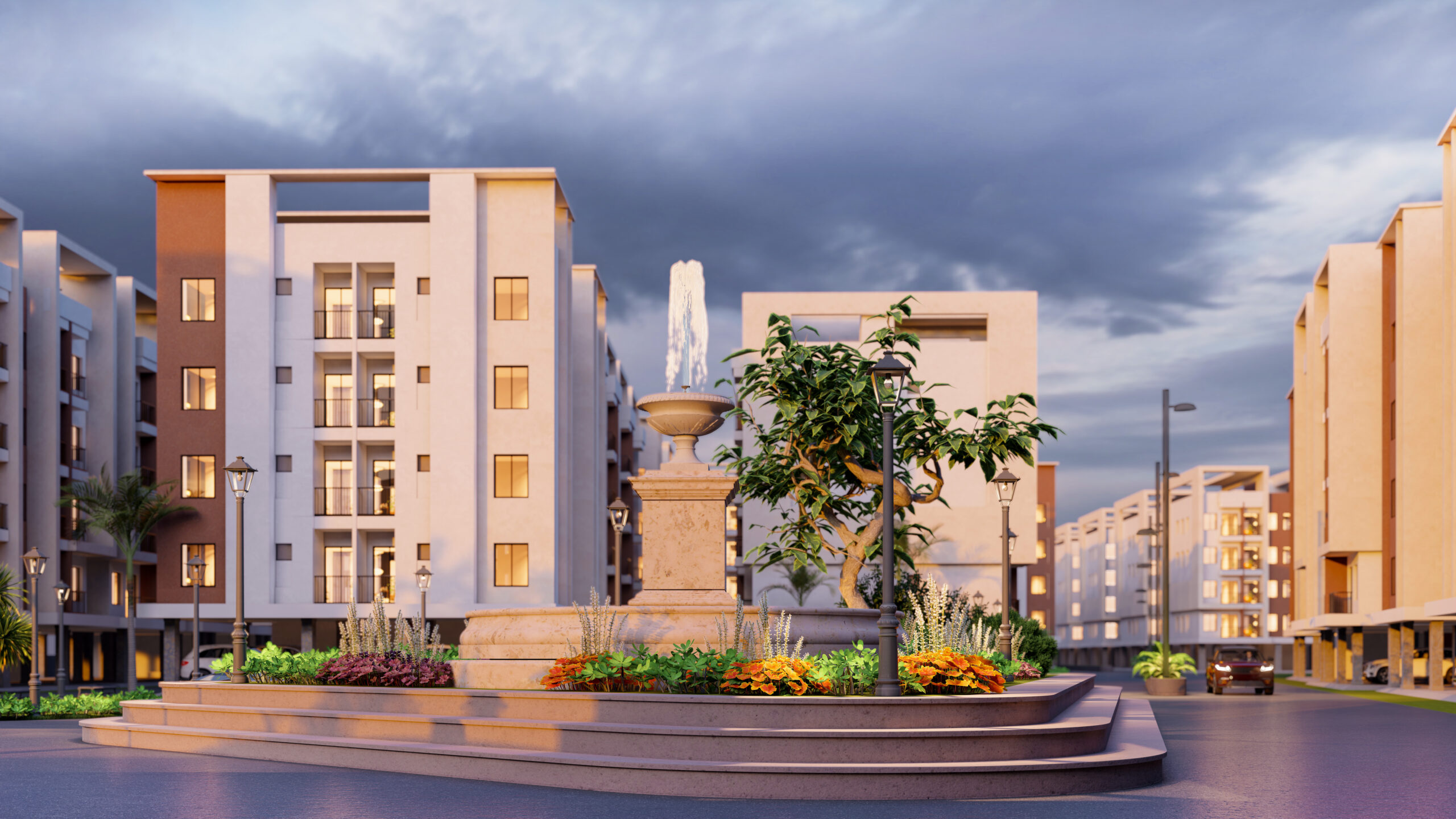 Modern residential area with fountain.