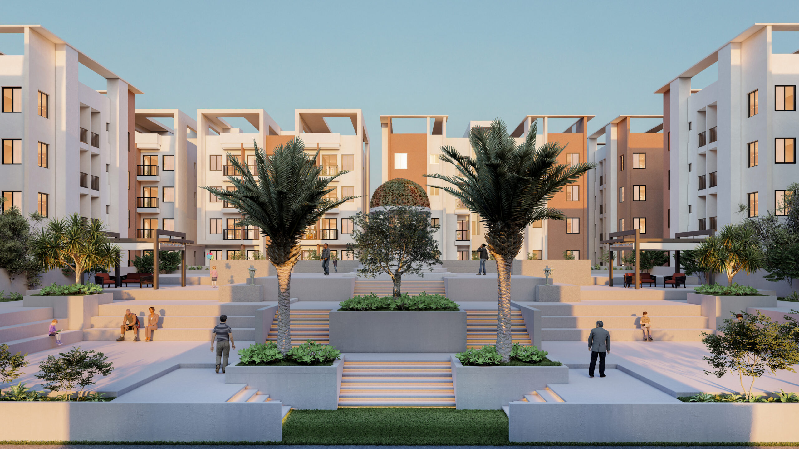 Modern residential complex with palm trees