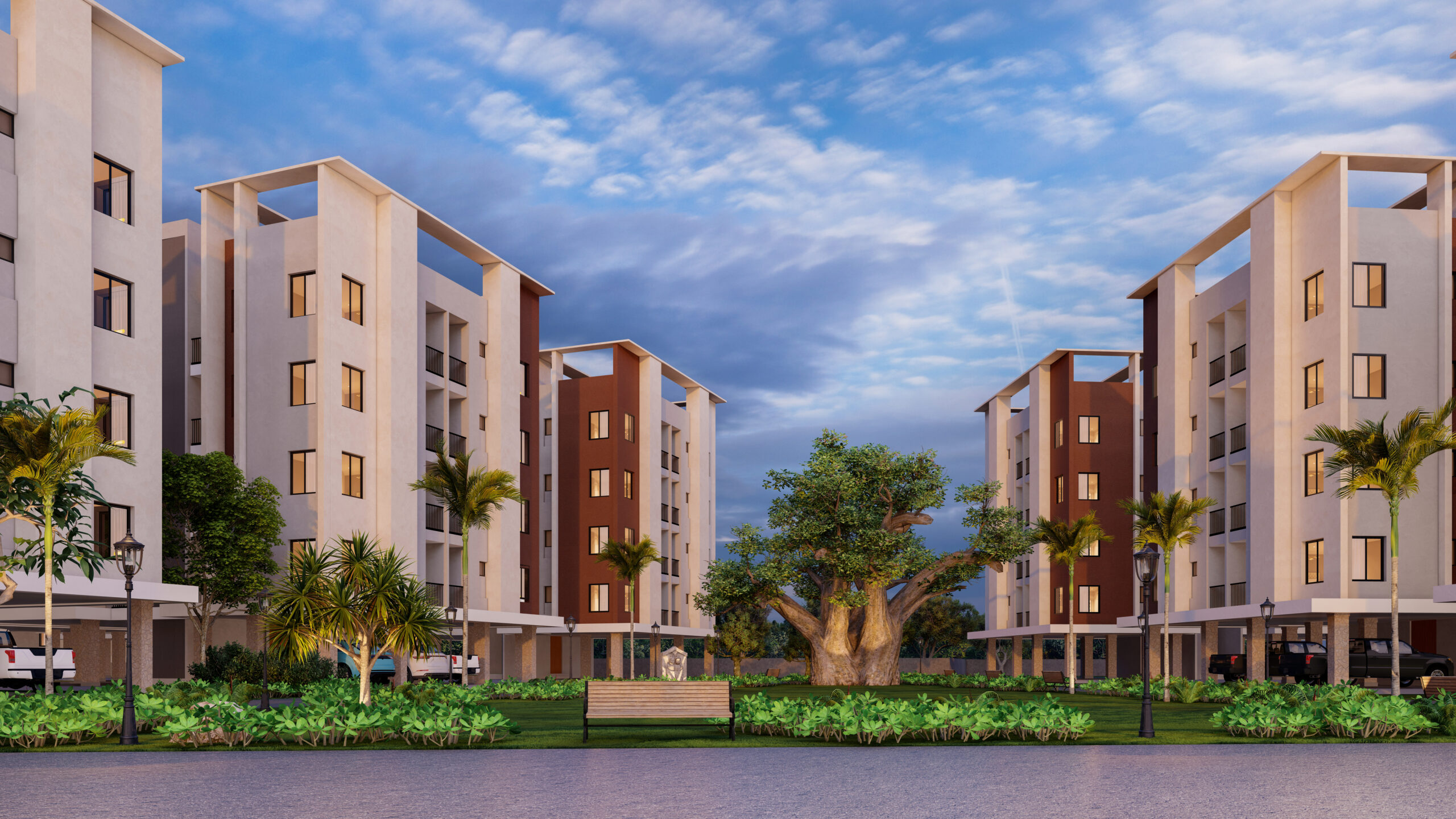 Modern residential buildings with greenery